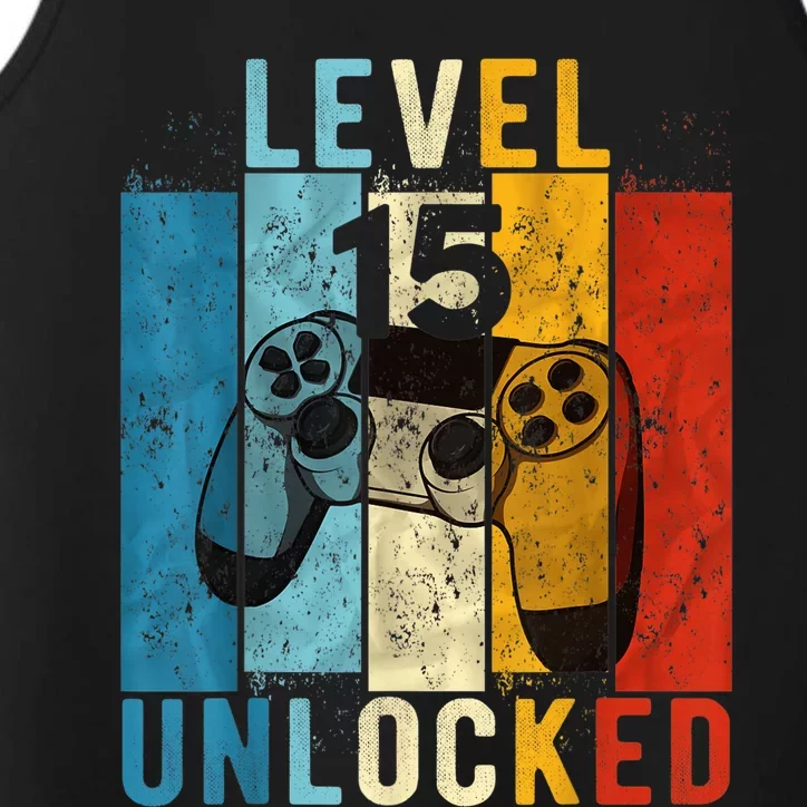 Level 15 Unlocked Video Gamer 15 Year Old 15th Birthday Present Gift Performance Tank