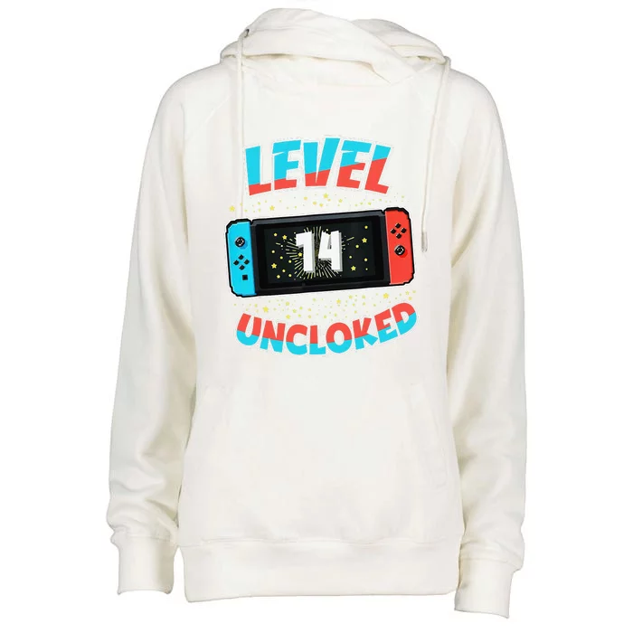 Level 14 Unlocked Gamer 14th Birthday Gift Video Game Lovers Womens Funnel Neck Pullover Hood