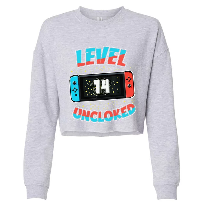 Level 14 Unlocked Gamer 14th Birthday Gift Video Game Lovers Cropped Pullover Crew