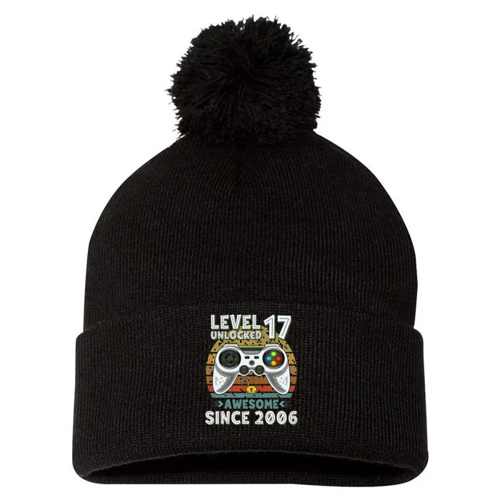 Level 17 Unlocked Awesome 2006 Funny Gamer 17th Birthday Pom Pom 12in Knit Beanie