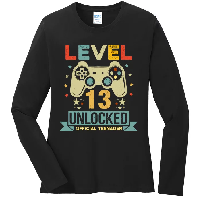 Level 13 Unlocked Teenager 13th Birthday Gamer Gift Ladies Long Sleeve Shirt