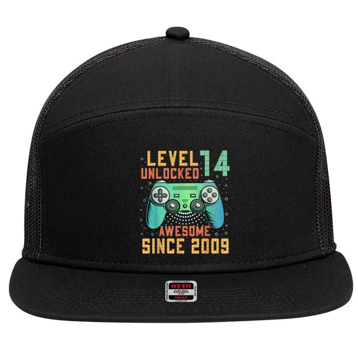 Level 14 Unlocked 14th Birthday 14 Year Old Boy Gamer Bday 7 Panel Mesh Trucker Snapback Hat