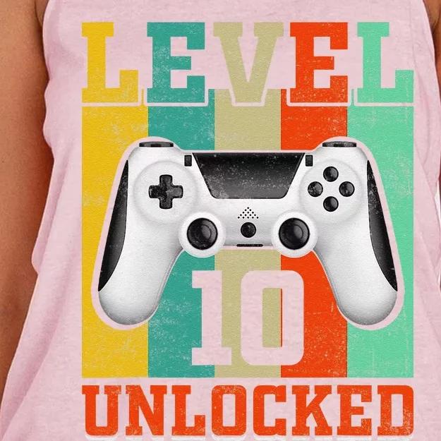 Level 10 Unlocked Birthday For 10 Years Old Gamer Bday Women's Knotted Racerback Tank