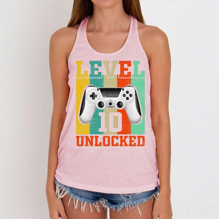 Level 10 Unlocked Birthday For 10 Years Old Gamer Bday Women's Knotted Racerback Tank