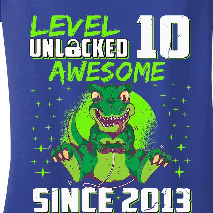 Level 10 Unlocked Awesome Since 2013 10th Birthday Gaming Women's V-Neck T-Shirt