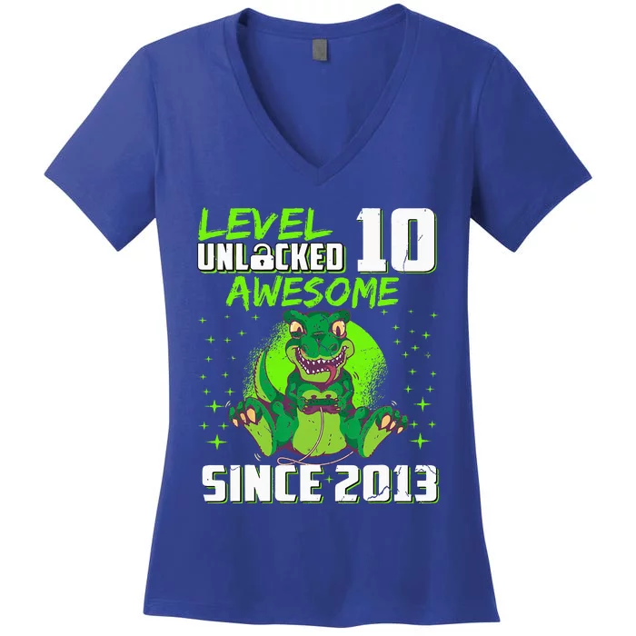 Level 10 Unlocked Awesome Since 2013 10th Birthday Gaming Women's V-Neck T-Shirt