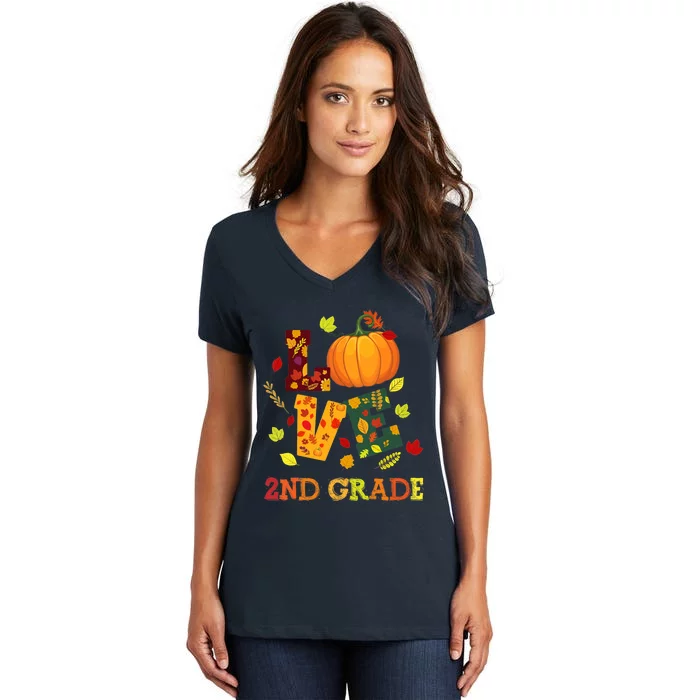 Love 2nd Grade Happy Fall Yall Autumn Teacher Student Gift Women's V-Neck T-Shirt