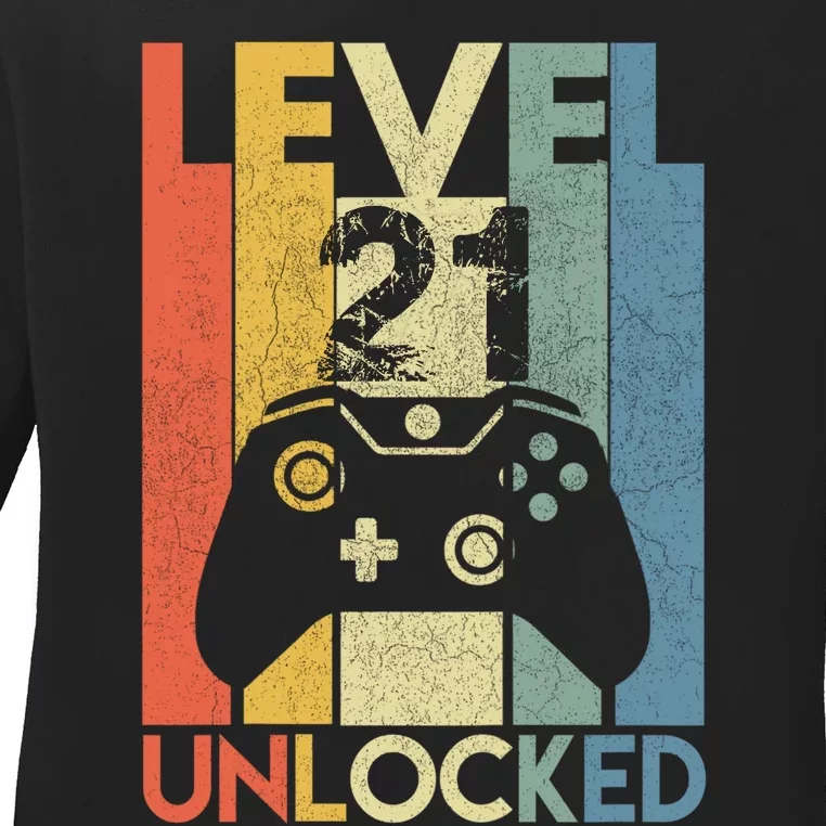 Level 21 Unlocked Awesome Video Game 21 Birthday Gift Ladies Long Sleeve Shirt