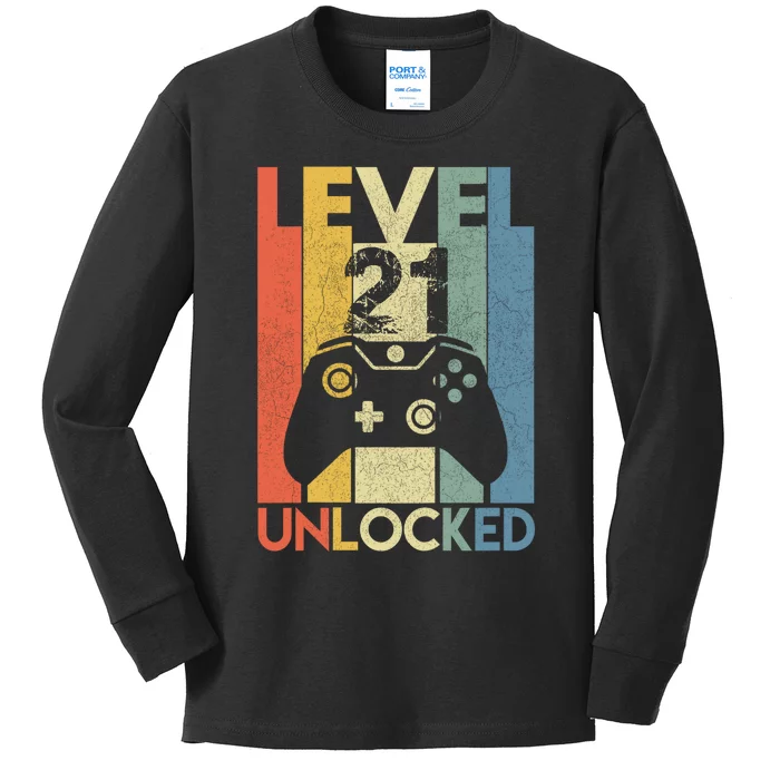 Level 21 Unlocked Awesome Video Game 21 Birthday Gift Kids Long Sleeve Shirt