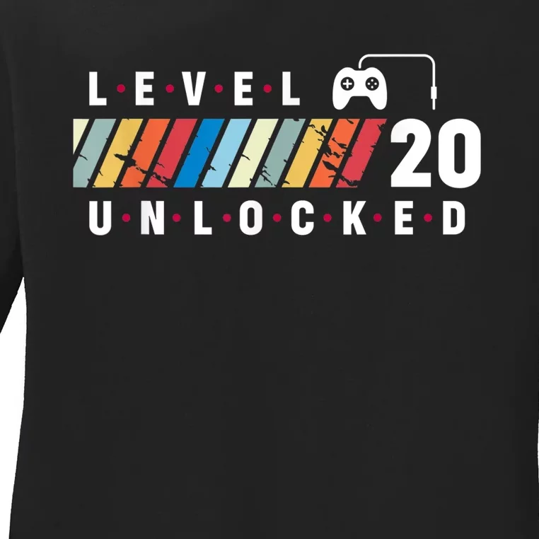 Level 20 Unlocked 20 Year Old Video Game Party 20th Birthday Ladies Long Sleeve Shirt