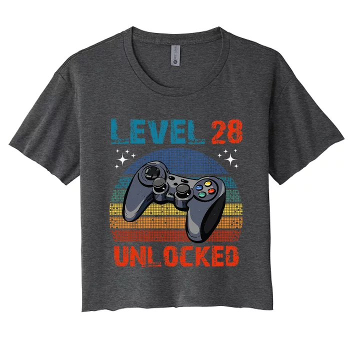 Level 28 Unlocked Video Gamer 28th Birthday Gifts Women's Crop Top Tee