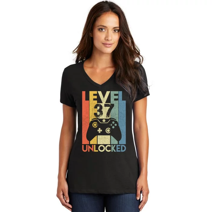 Level 37 Unlocked Awesome Video Game 37 Birthday Gift Women's V-Neck T-Shirt