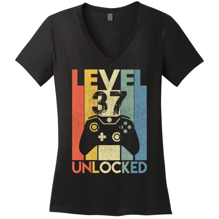 Level 37 Unlocked Awesome Video Game 37 Birthday Gift Women's V-Neck T-Shirt