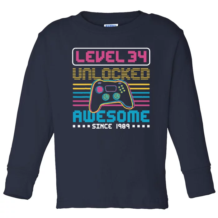 Level 34 Unlocked Awesome Since 1989 Gaming Birthday Toddler Long Sleeve Shirt