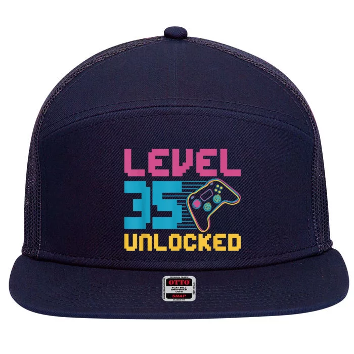 Level 35 unlocked Gaming Birthday 7 Panel Mesh Trucker Snapback Hat