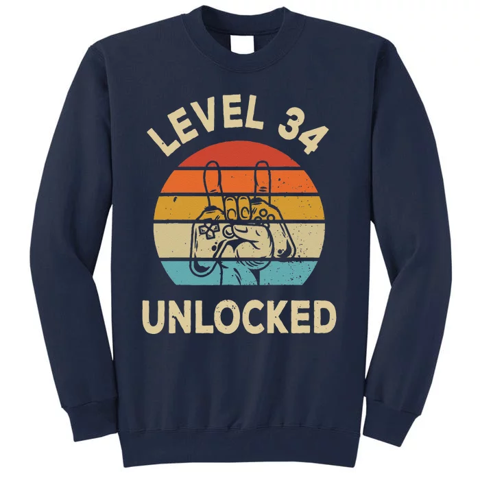 Level 34 Unlocked Gamer Vintage 34th Birthday Gaming Tall Sweatshirt