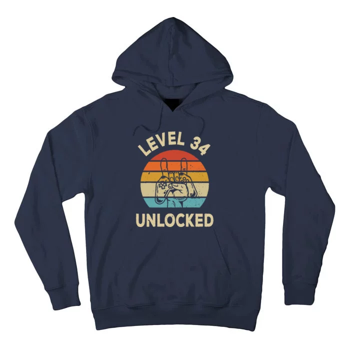 Level 34 Unlocked Gamer Vintage 34th Birthday Gaming Tall Hoodie