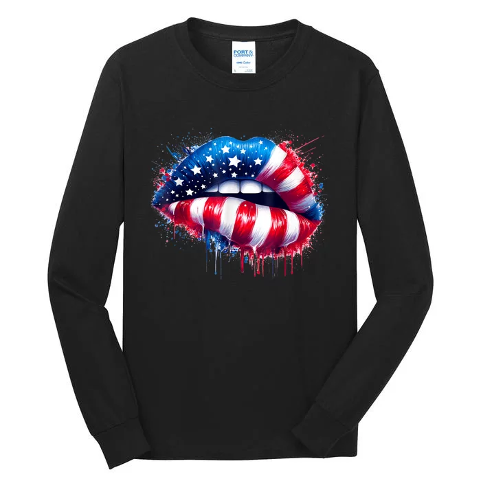 Lips 4th Of July Usa Patriotic Colorful American Flag Tall Long Sleeve T-Shirt