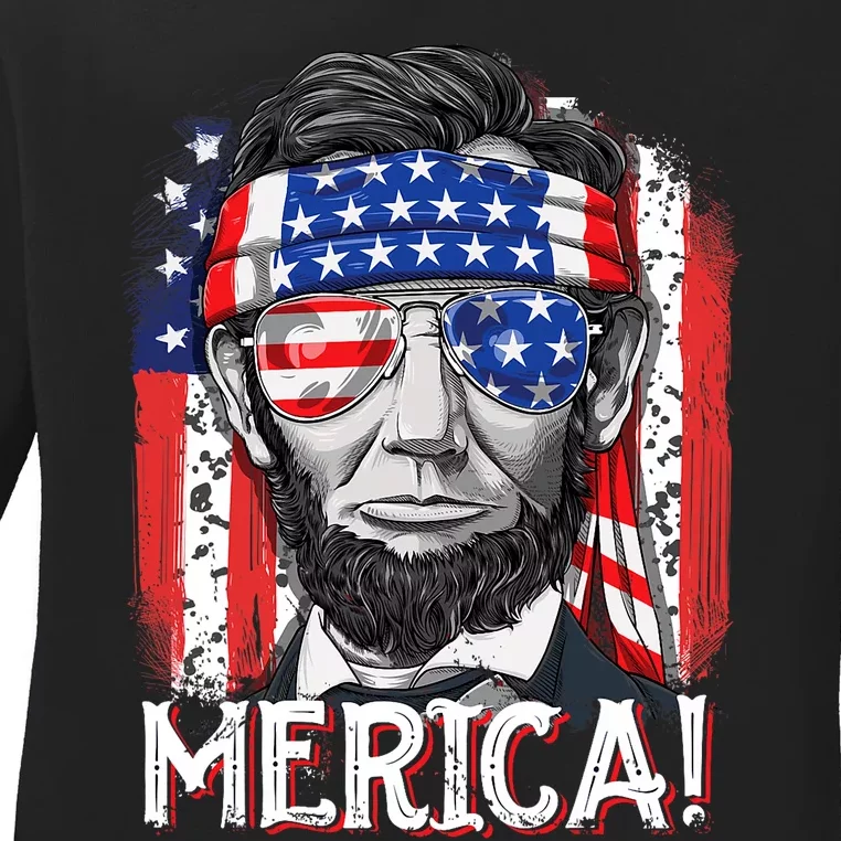 Lincoln 4th Of July Merica Abe American Flag Ladies Long Sleeve Shirt