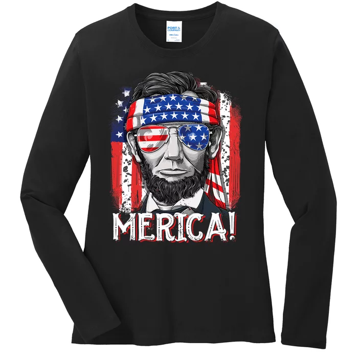 Lincoln 4th Of July Merica Abe American Flag Ladies Long Sleeve Shirt