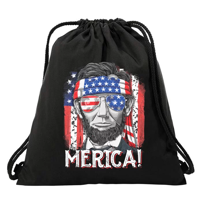 Lincoln 4th Of July Merica Abe American Flag Drawstring Bag