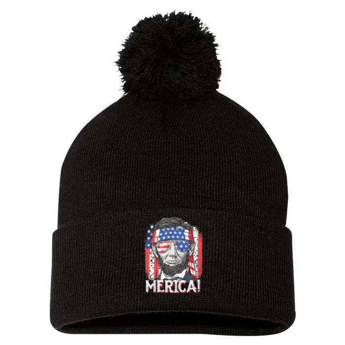 Lincoln 4th Of July Merica Abe American Flag Pom Pom 12in Knit Beanie