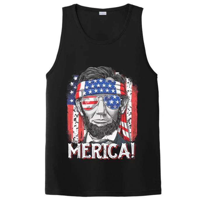 Lincoln 4th Of July Merica Abe American Flag Performance Tank