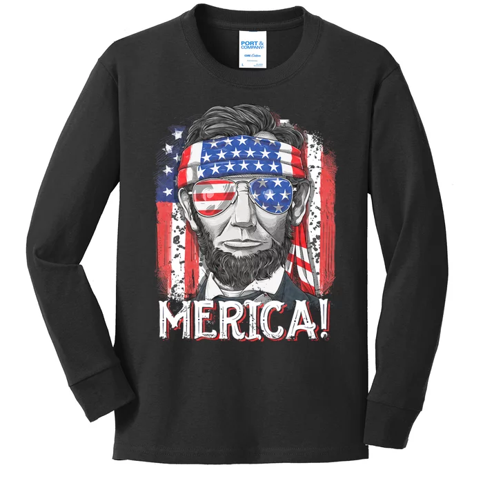 Lincoln 4th Of July Merica Abe American Flag Kids Long Sleeve Shirt