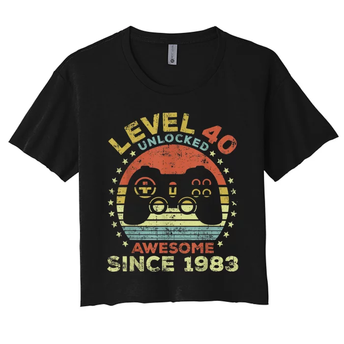 Level 40 Unlocked Awesome Since 1983 40th Birthday Gaming Women's Crop Top Tee