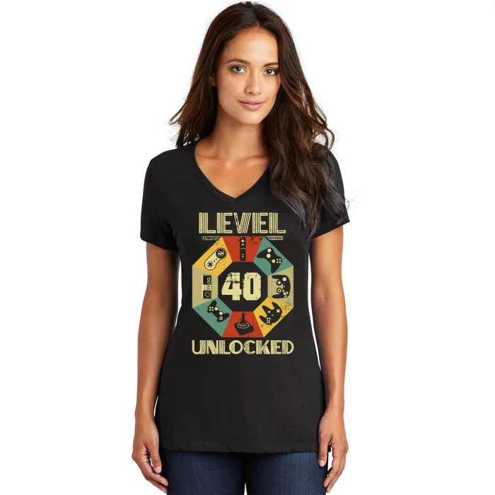 Level 40 Unlocked T Funny Video Gamer 40th Birthday Women's V-Neck T-Shirt