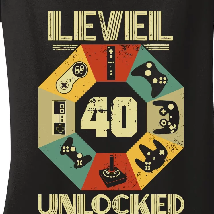 Level 40 Unlocked T Funny Video Gamer 40th Birthday Women's V-Neck T-Shirt