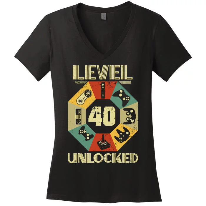 Level 40 Unlocked T Funny Video Gamer 40th Birthday Women's V-Neck T-Shirt