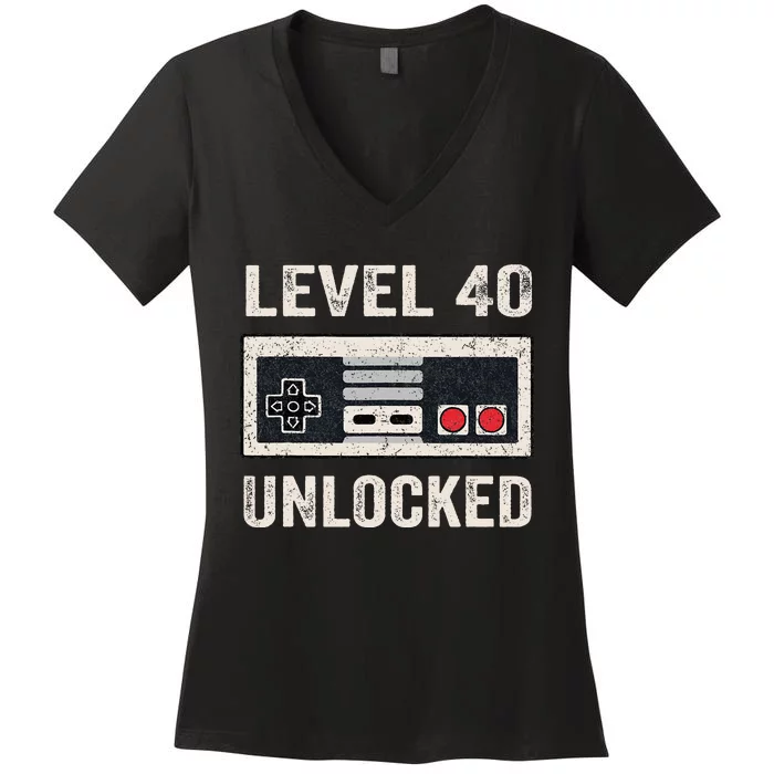 Level 40 Unlocked Video Gamer 40th Birthday Gift Women's V-Neck T-Shirt