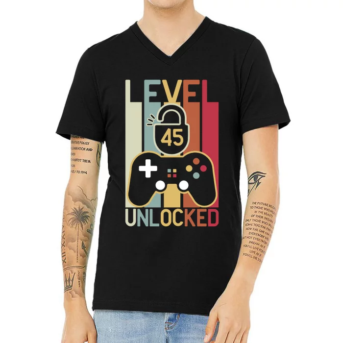 Level 45 Unlocked Birthday Gift Vintage Retro V-Neck T-Shirt