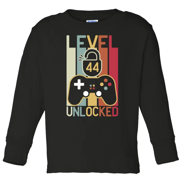 Level 44 Unlocked Birthday Gift Vintage Retro Toddler Long Sleeve Shirt