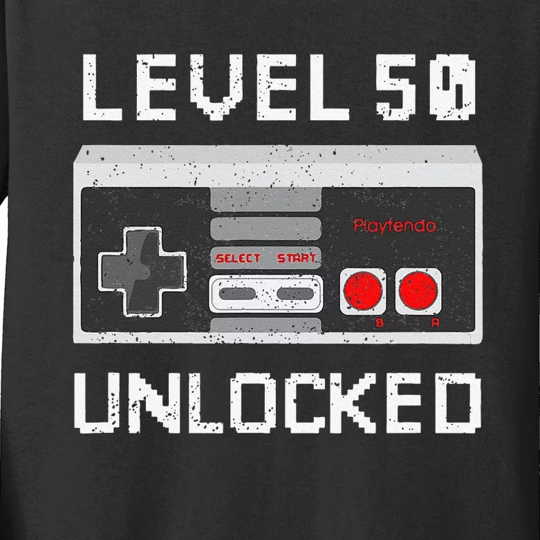 Level 50 Unlocked Video Games 50th Birthday Fiftieth Bday Kids Long Sleeve Shirt