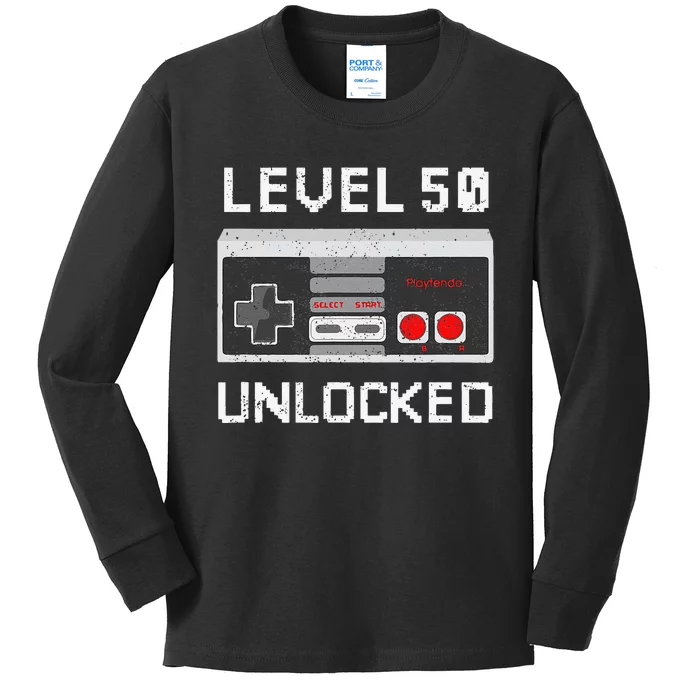 Level 50 Unlocked Video Games 50th Birthday Fiftieth Bday Kids Long Sleeve Shirt