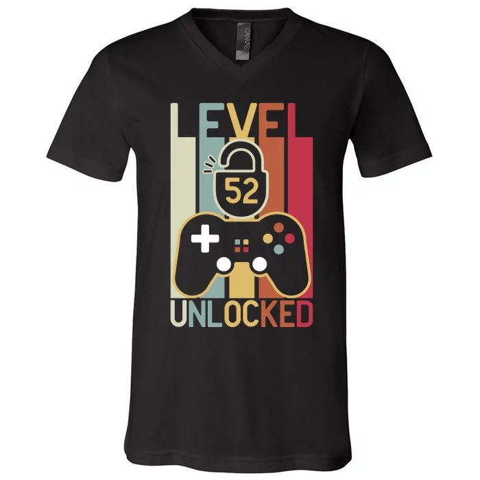 Level 52 Unlocked Birthday Gift Vintage Retro V-Neck T-Shirt