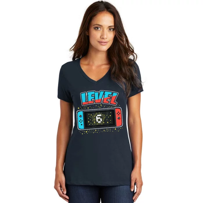 Level 6 Birthday 6 Years Old Video Games Gift Women's V-Neck T-Shirt