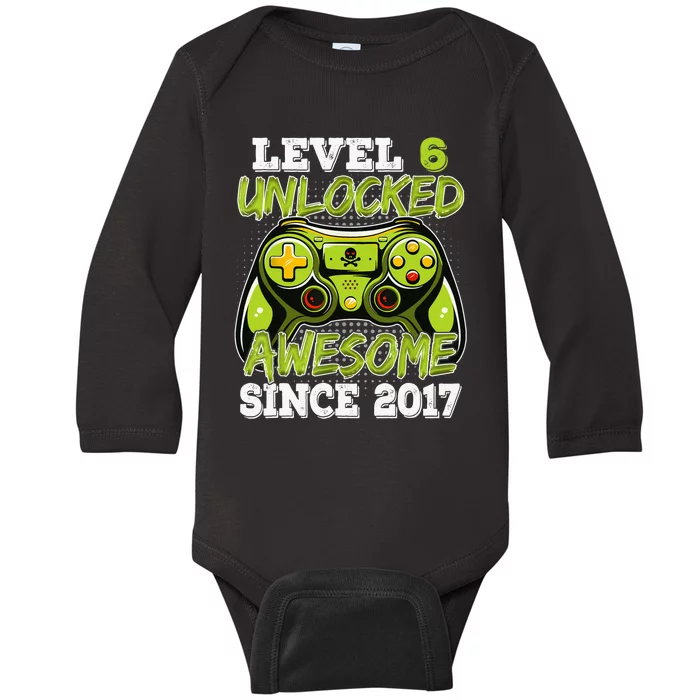 Level 6 Unlocked Awesome Since 2017 6 Year Gamer Birthday Baby Long Sleeve Bodysuit