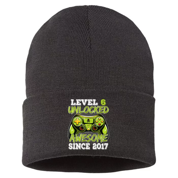 Level 6 Unlocked Awesome Since 2017 6 Year Gamer Birthday Sustainable Knit Beanie