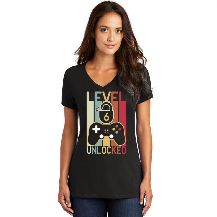 Level 6 Unlocked Birthday Gift Vintage Retro Women's V-Neck T-Shirt