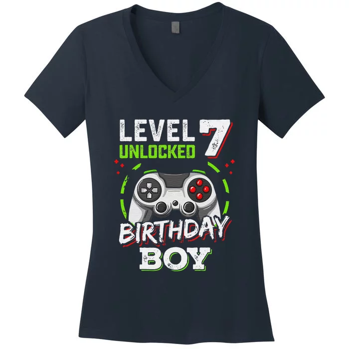 Level 7 Unlocked Birthday Boy Video Gamer Level Up Women's V-Neck T-Shirt