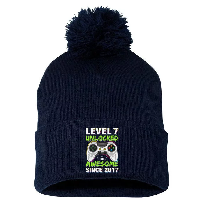 Level 7 Unlocked Awesome Since 2017 7th Birthday Gaming Pom Pom 12in Knit Beanie