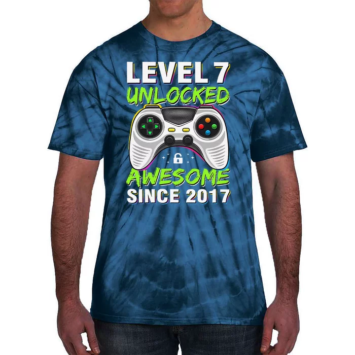 Level 7 Unlocked Awesome Since 2017 7th Birthday Gaming Tie-Dye T-Shirt