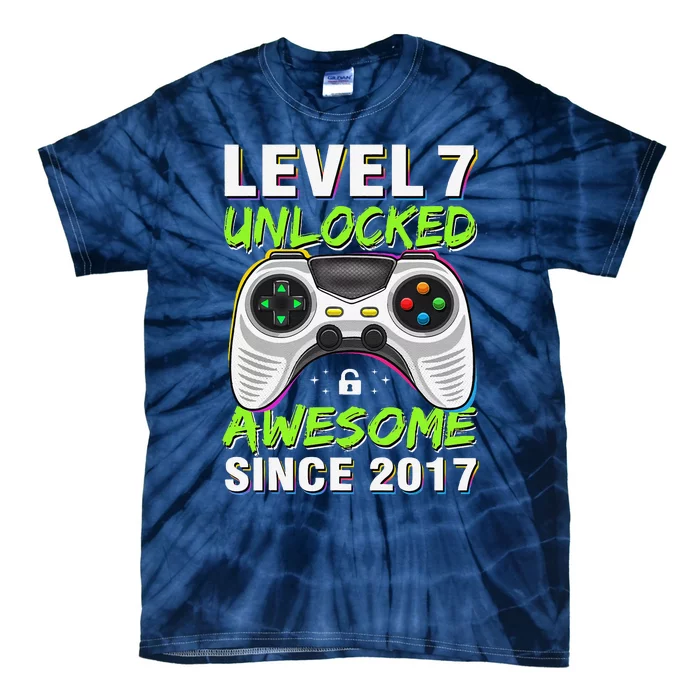 Level 7 Unlocked Awesome Since 2017 7th Birthday Gaming Tie-Dye T-Shirt