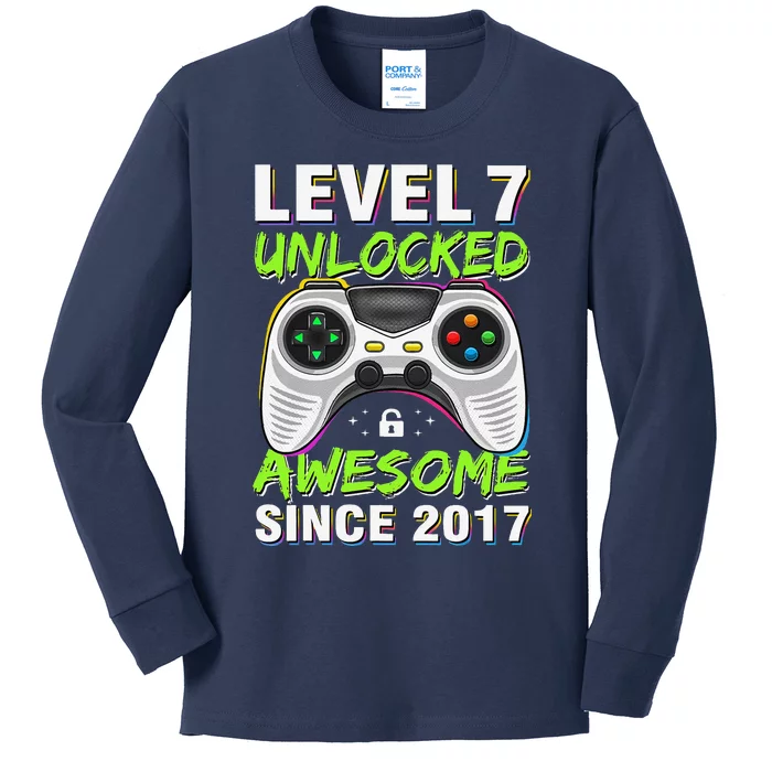 Level 7 Unlocked Awesome Since 2017 7th Birthday Gaming Kids Long Sleeve Shirt