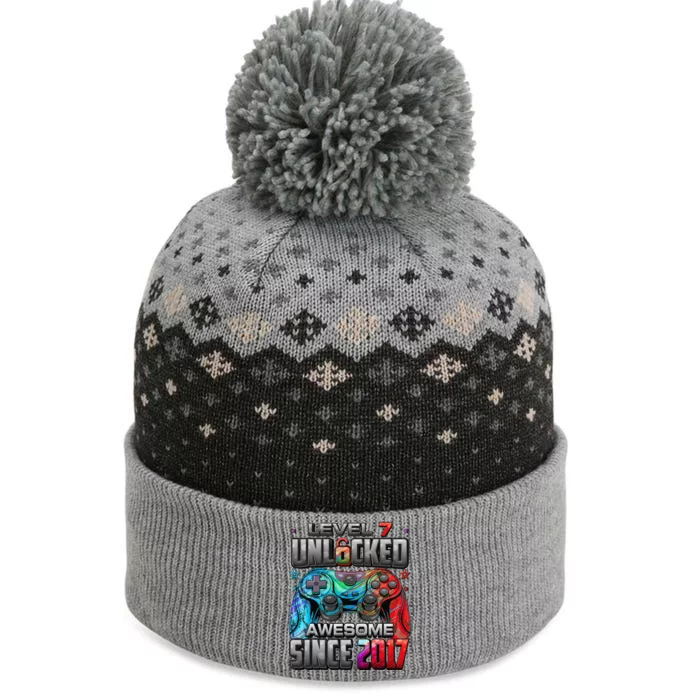 Level 7 Unlocked Awesome Since 2017 7th Birthday Gaming The Baniff Cuffed Pom Beanie