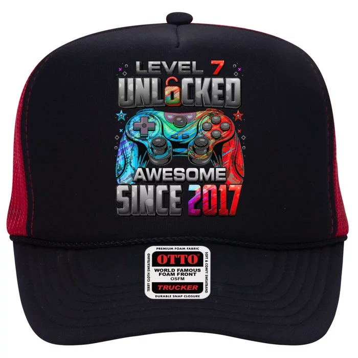 Level 7 Unlocked Awesome Since 2017 7th Birthday Gaming High Crown Mesh Trucker Hat