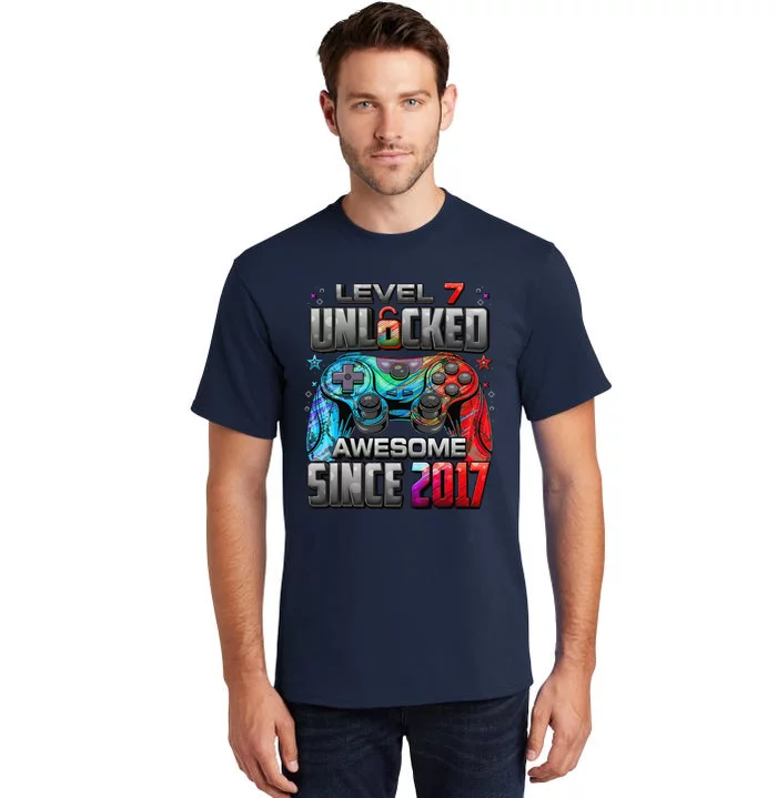 Level 7 Unlocked Awesome Since 2017 7th Birthday Gaming Tall T-Shirt